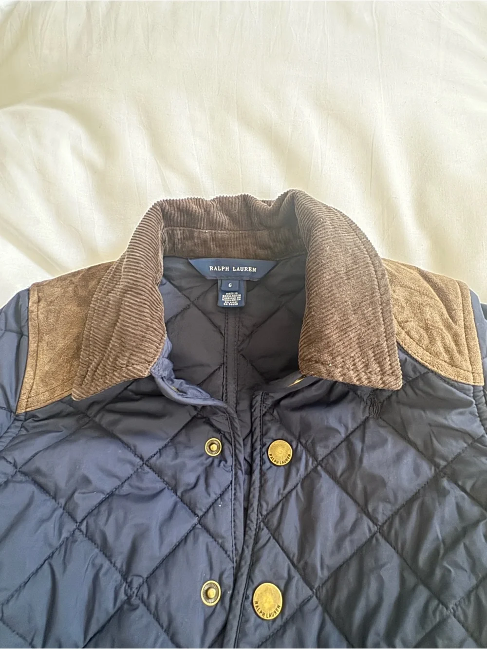 Ralph Lauren Navy Quilted Puffer Coat with Brown Corduroy Accents
